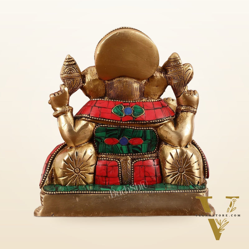 Brass Lord Ganesha Statue with Stonework - 6.5 Inch
