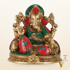 Brass Lord Ganesha Statue with Stonework - 6.5 Inch