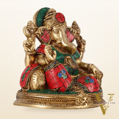 Brass Lord Ganesha Statue with Stonework - 6.5 Inch