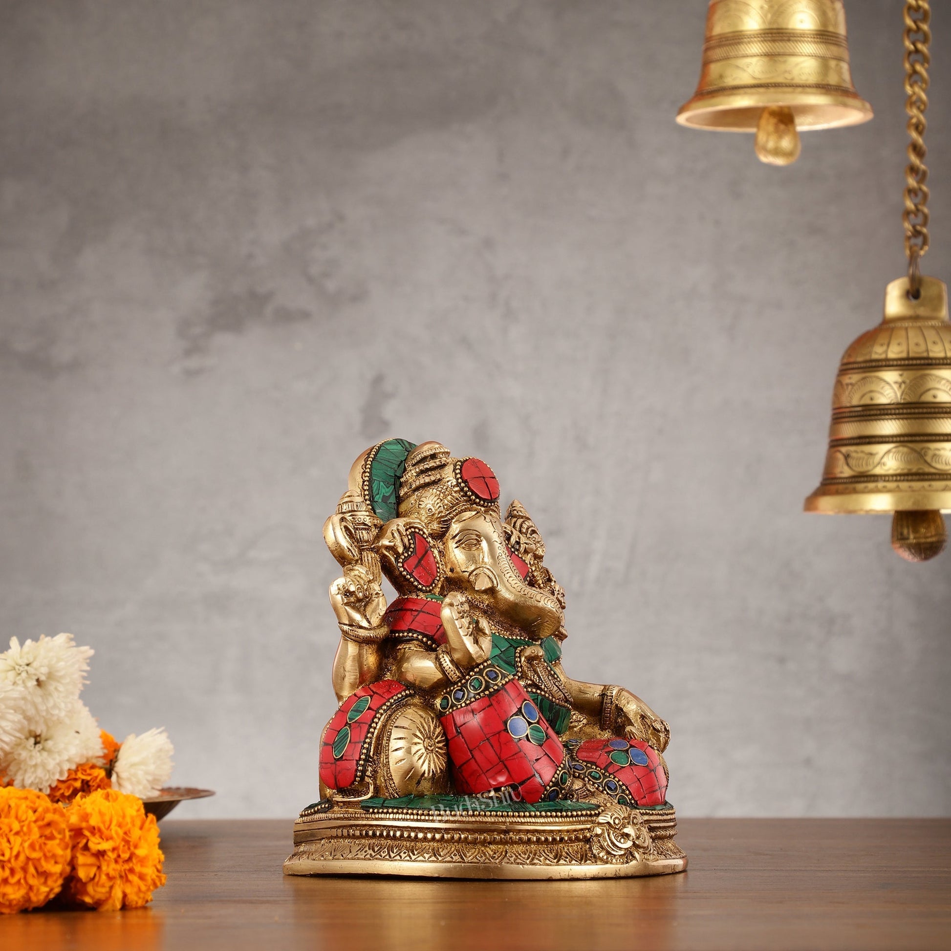Brass Lord Ganesha Statue with Stonework - 6.5 Inch