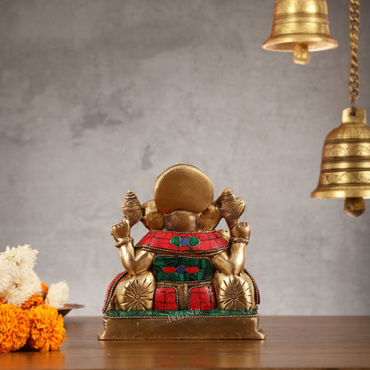 Brass Lord Ganesha Statue with Stonework - 6.5 Inch