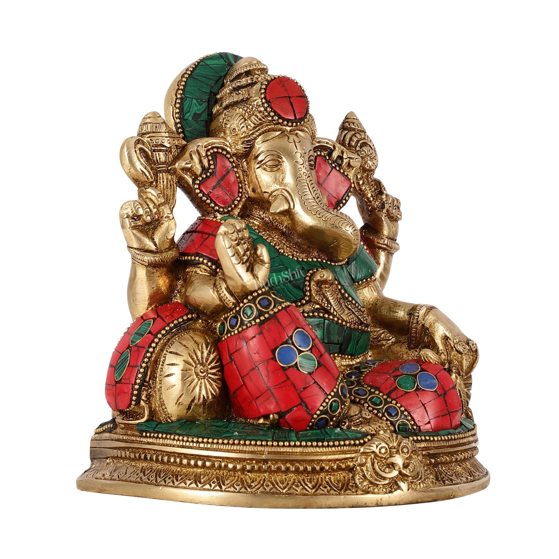 Brass Lord Ganesha Statue with Stonework - 6.5 Inch
