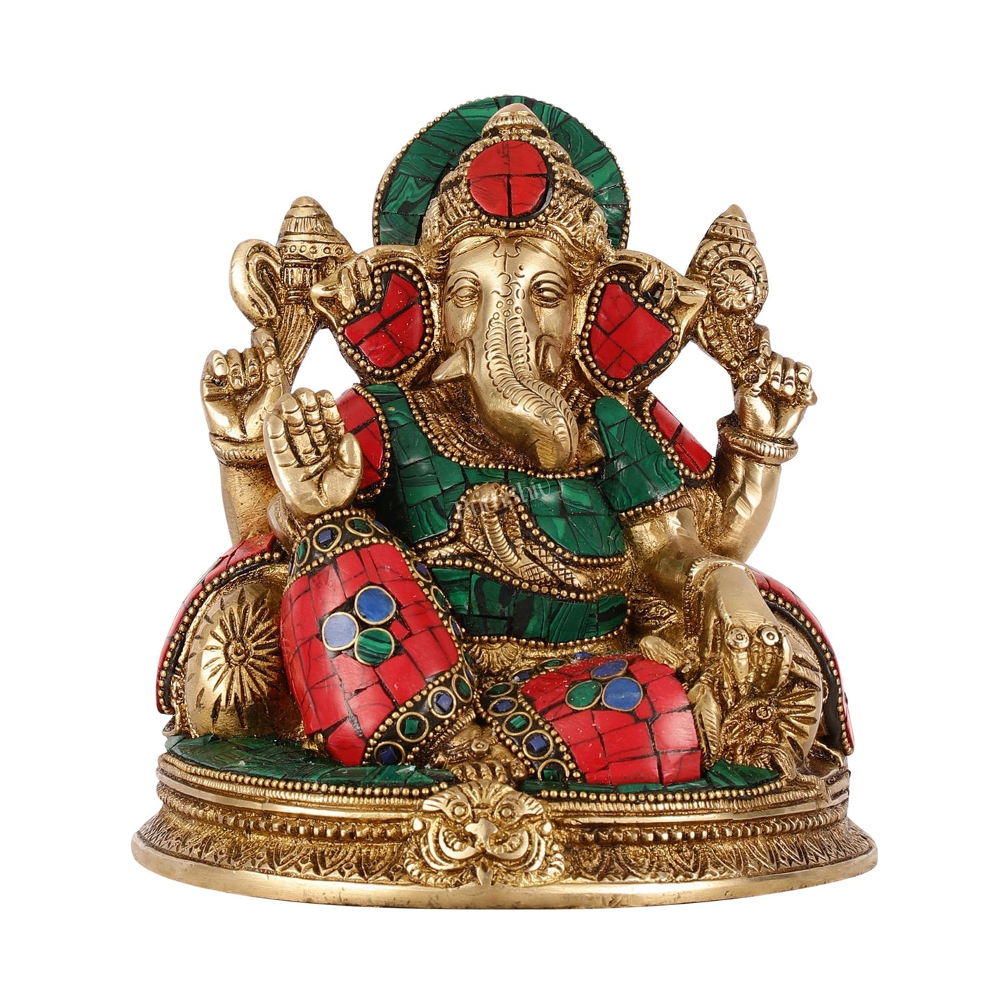 Brass Lord Ganesha Statue with Stonework - 6.5 Inch