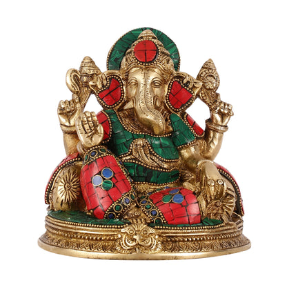 Brass Lord Ganesha Statue with Stonework - 6.5 Inch