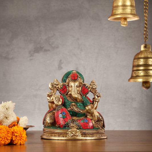 Brass Lord Ganesha Statue with Stonework - 6.5 Inch
