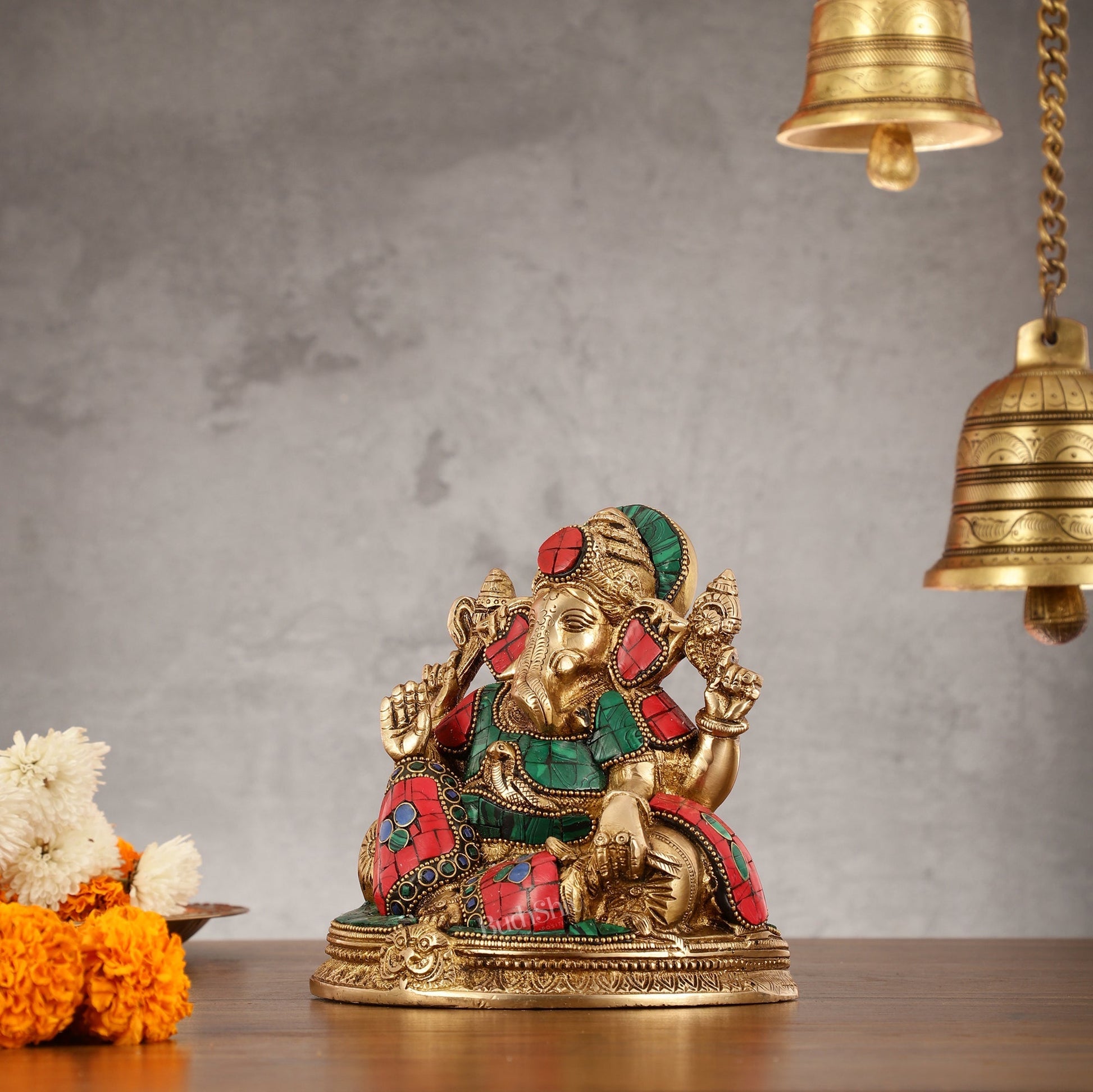 Brass Lord Ganesha Statue with Stonework - 6.5 Inch