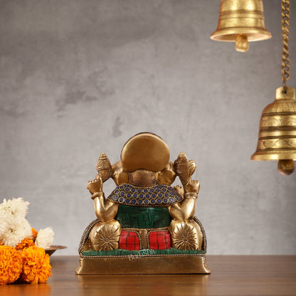 Brass Lord Ganesha Statue with Stonework - 6.5 Inch