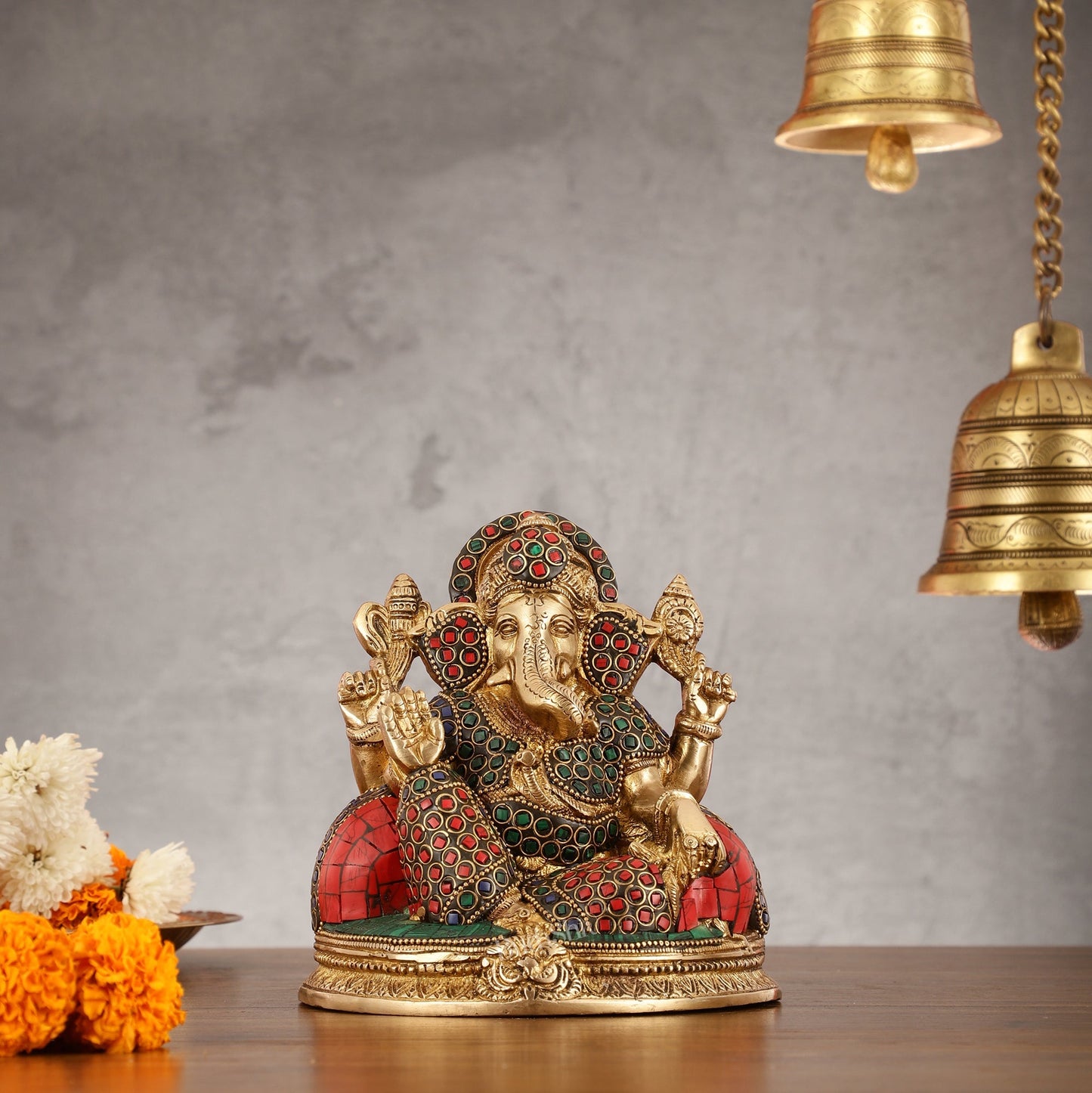 Brass Lord Ganesha Statue with Stonework - 6.5 Inch