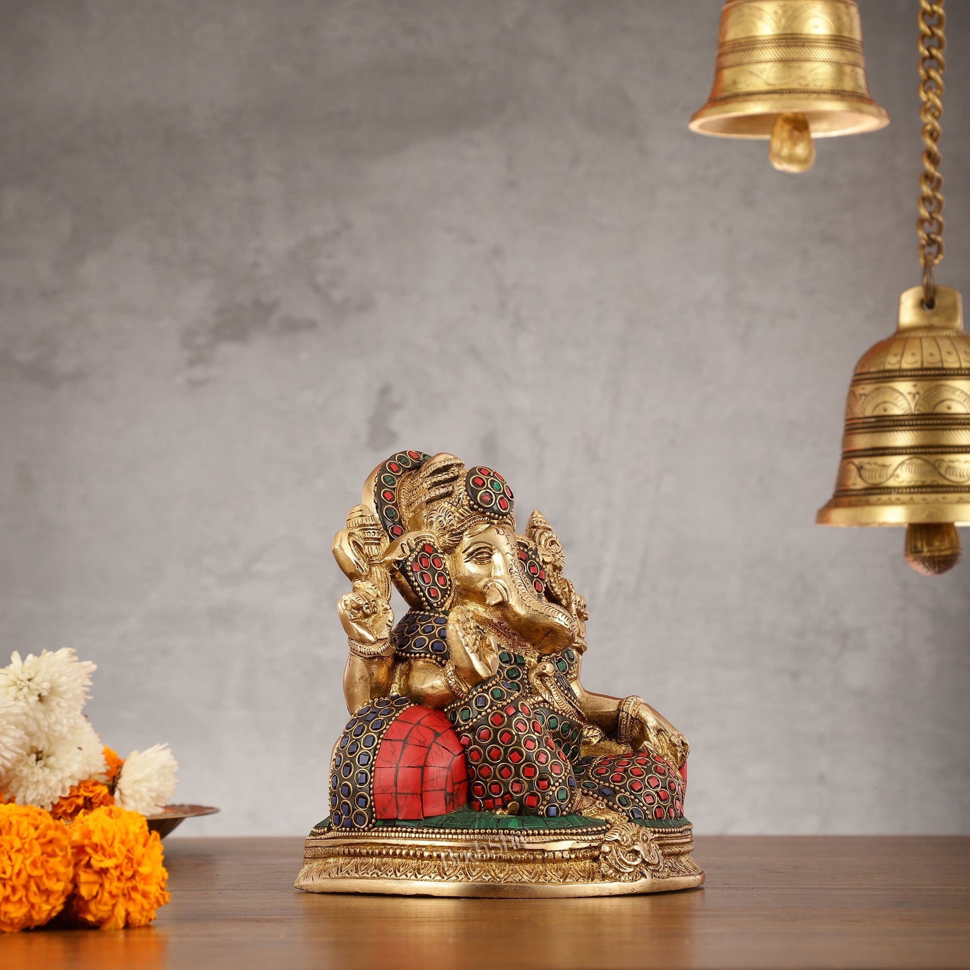 Brass Lord Ganesha Statue with Stonework - 6.5 Inch