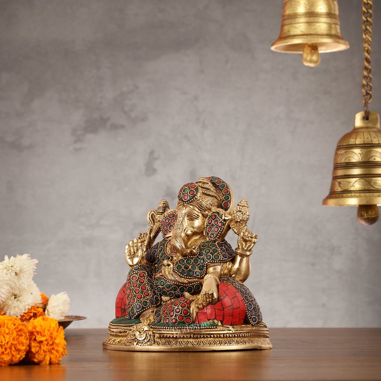 Brass Lord Ganesha Statue with Stonework - 6.5 Inch