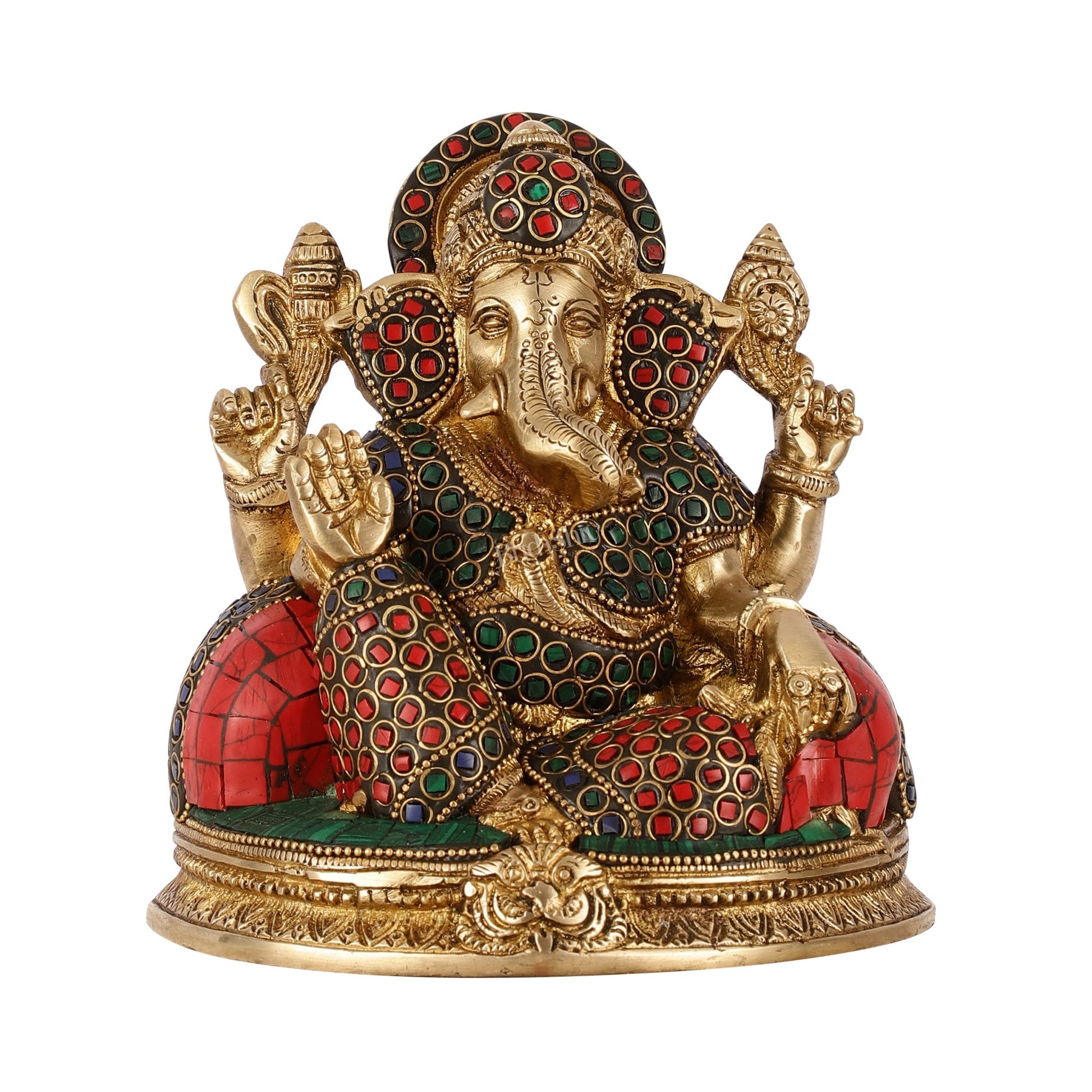 Brass Lord Ganesha Statue with Stonework - 6.5 Inch