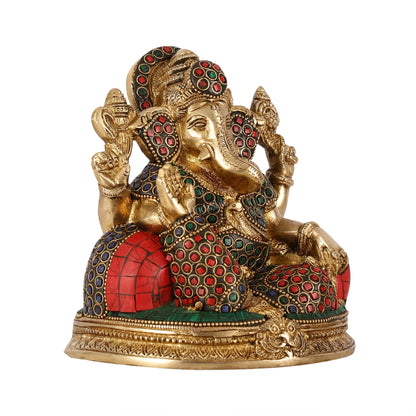 Brass Lord Ganesha Statue with Stonework - 6.5 Inch