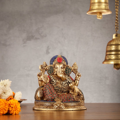 Brass Lord Ganesha Statue with Stonework - 6.5 Inch