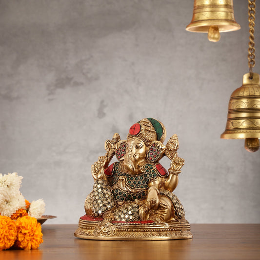 Brass Lord Ganesha Statue with Stonework - 6.5 Inch