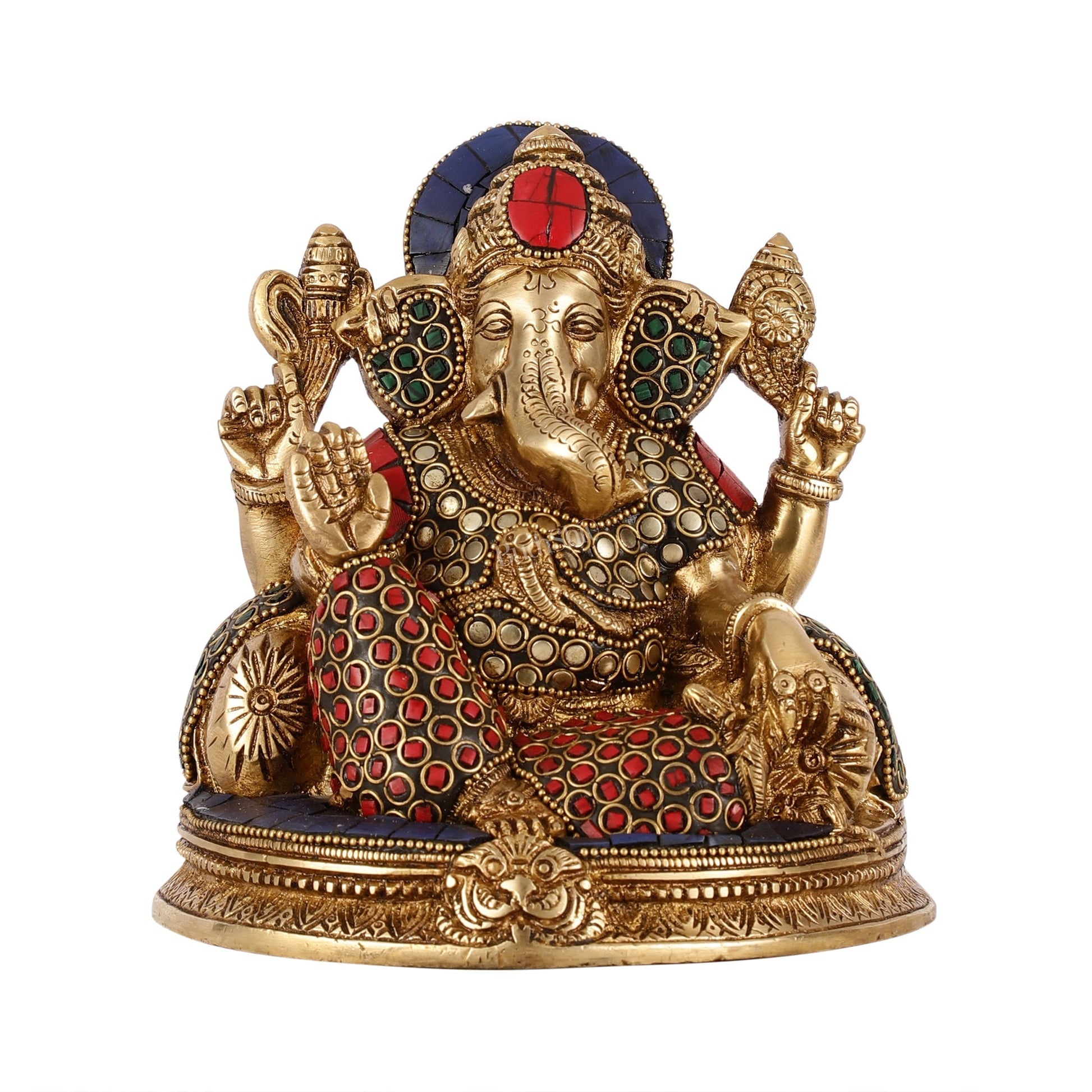 Brass Lord Ganesha Statue with Stonework - 6.5 Inch