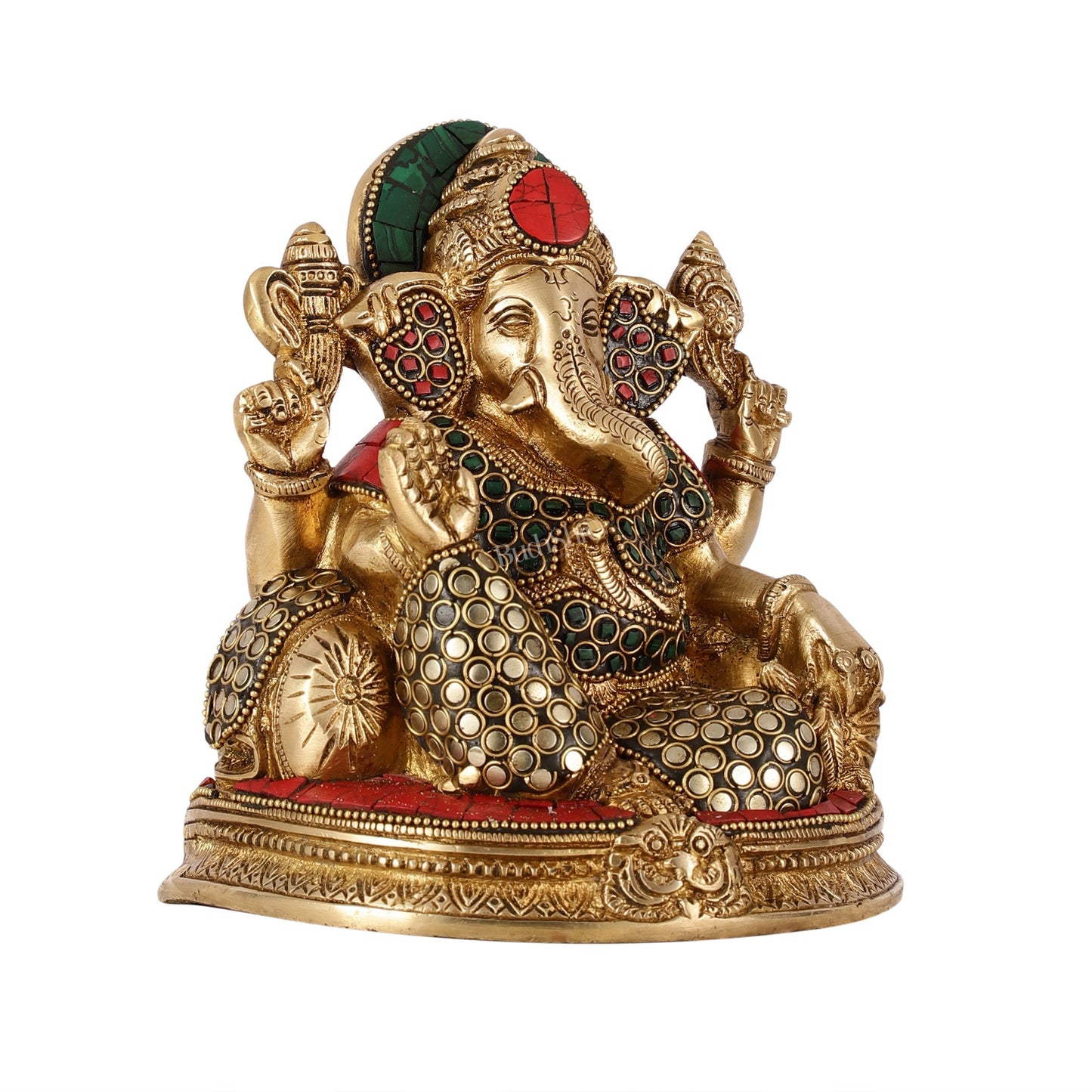 Brass Lord Ganesha Statue with Stonework - 6.5 Inch