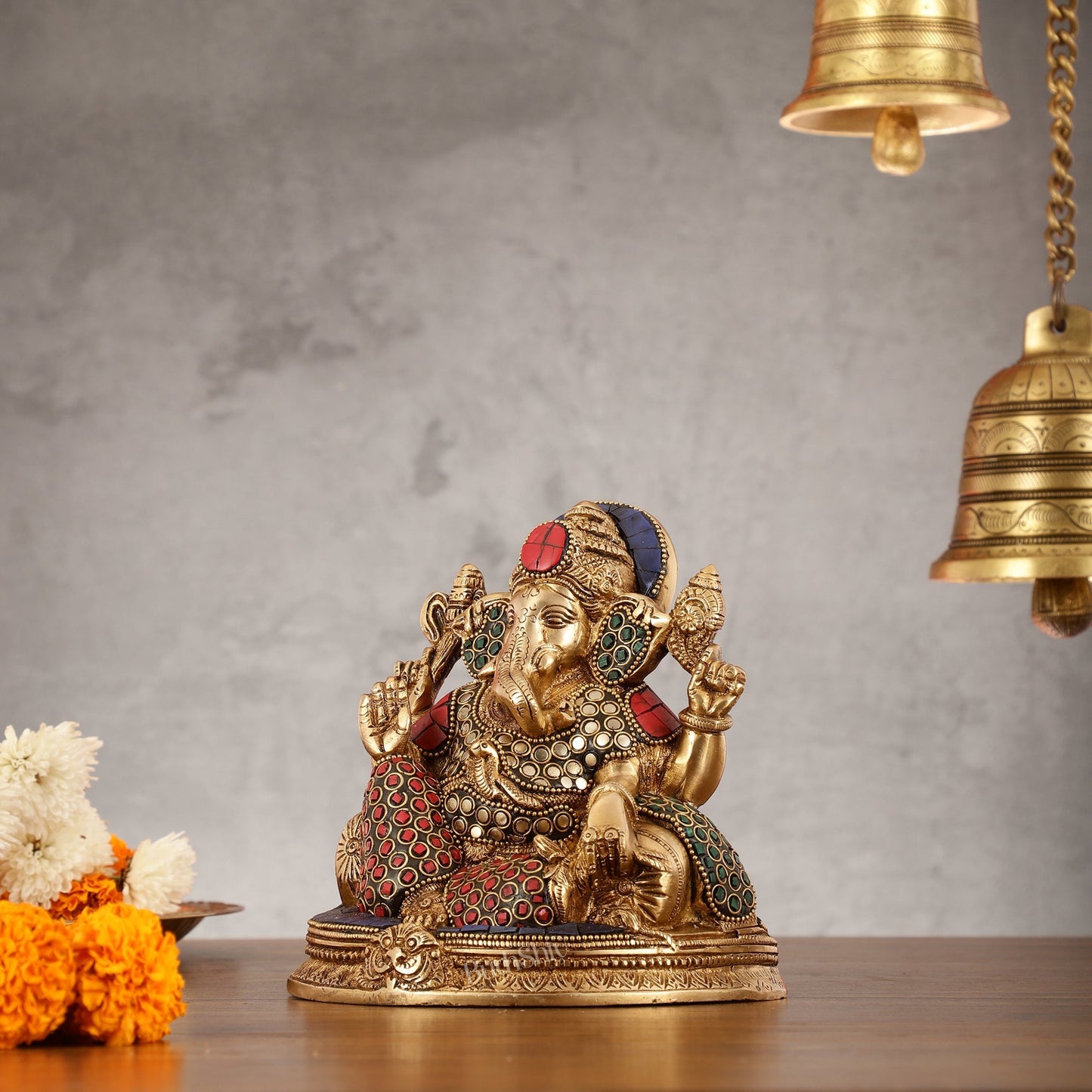 Brass Lord Ganesha Statue with Stonework - 6.5 Inch