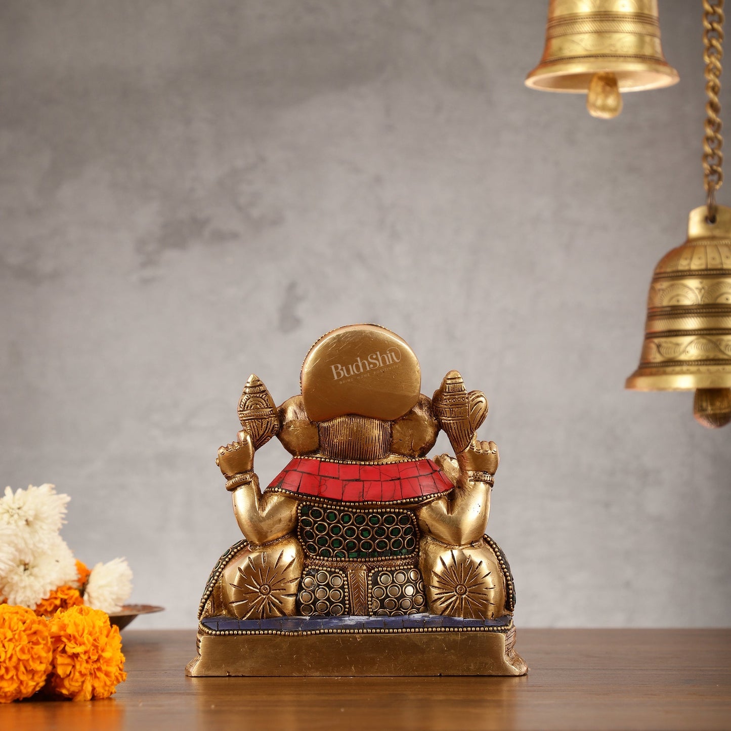 Brass Lord Ganesha Statue with Stonework - 6.5 Inch