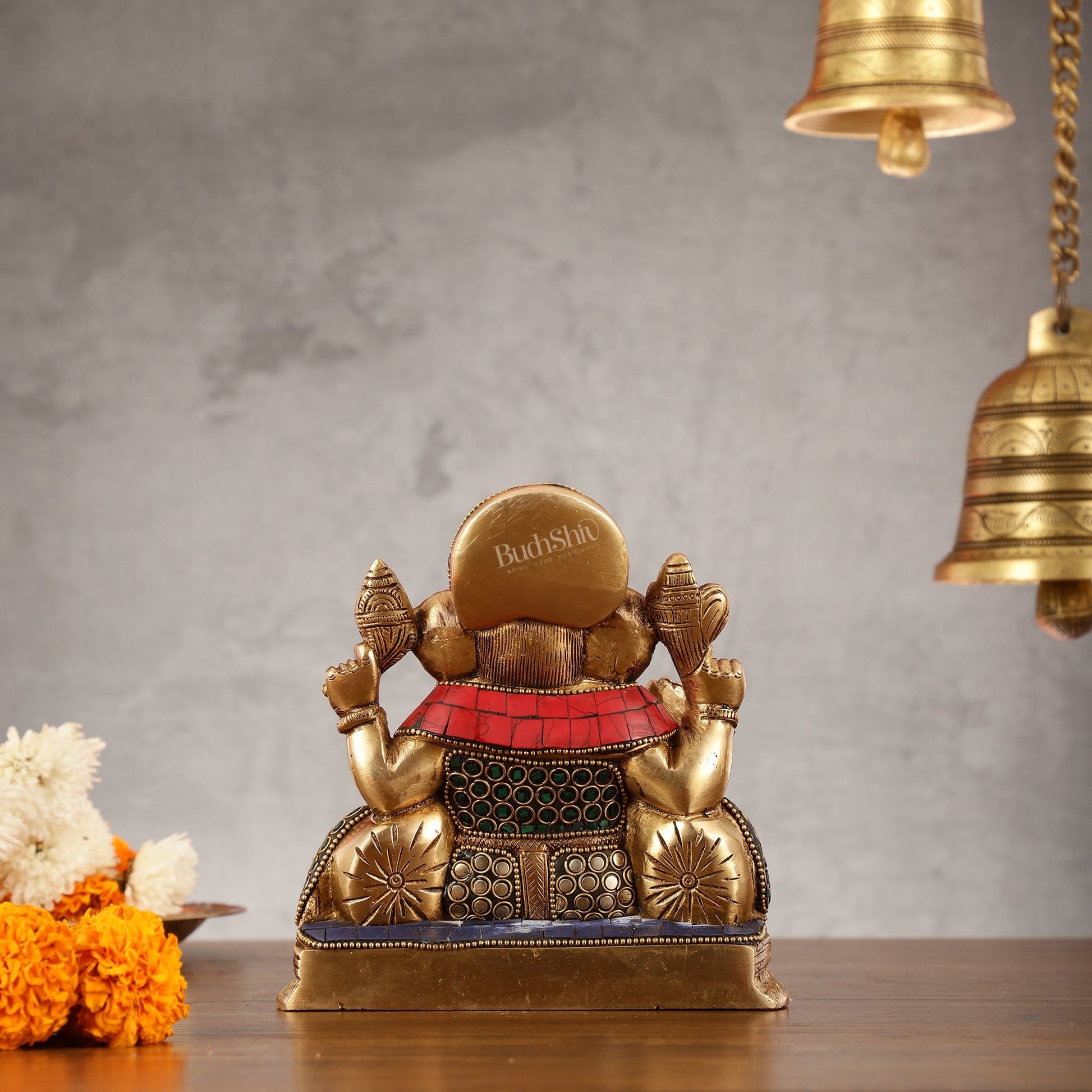 Brass Lord Ganesha Statue with Stonework - 6.5 Inch