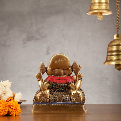 Brass Lord Ganesha Statue with Stonework - 6.5 Inch