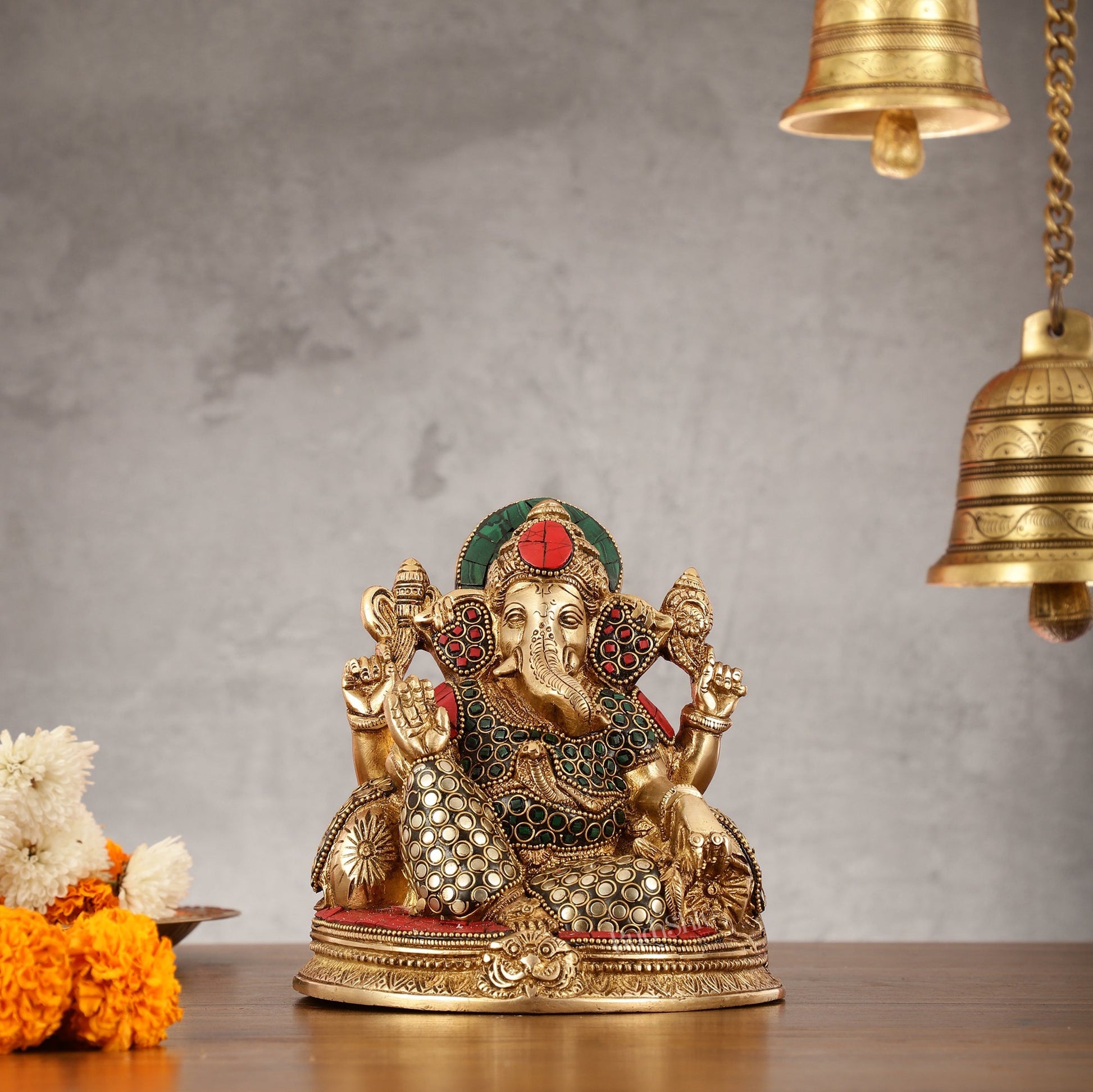 Brass Lord Ganesha Statue with Stonework - 6.5 Inch