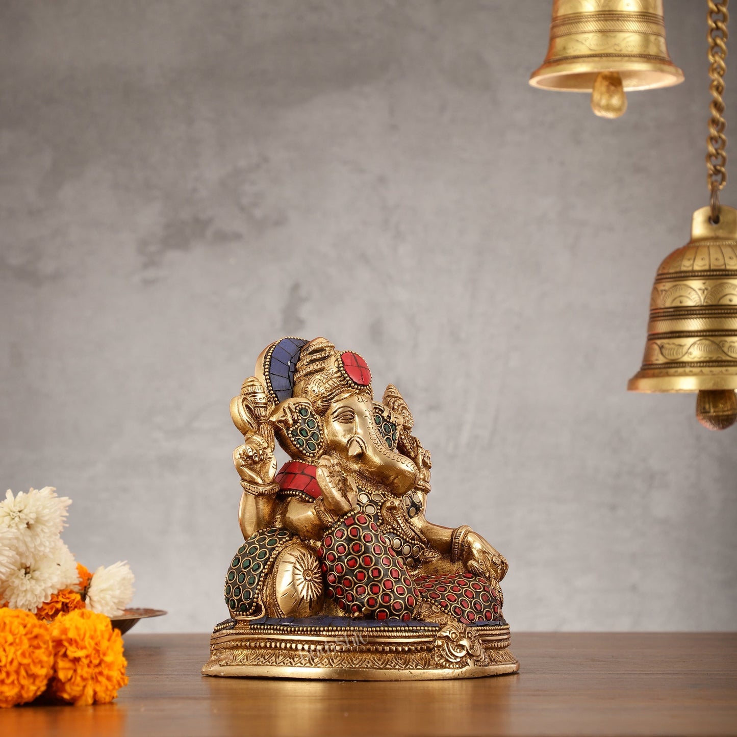 Brass Lord Ganesha Statue with Stonework - 6.5 Inch