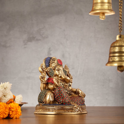 Brass Lord Ganesha Statue with Stonework - 6.5 Inch
