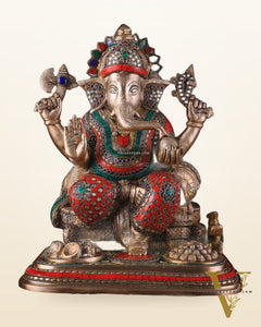 Brass Lord Ganesha Statue with Stonework - Big Size, Engraved Base 17"