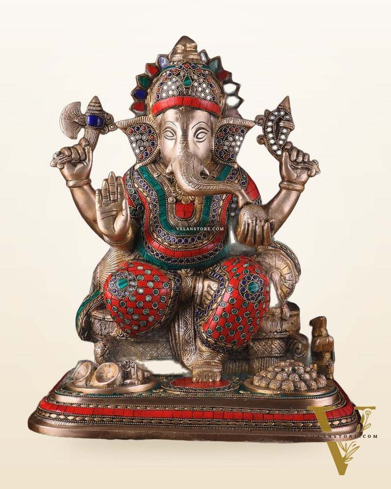 Brass Lord Ganesha Statue with Stonework - Big Size, Engraved Base 17"