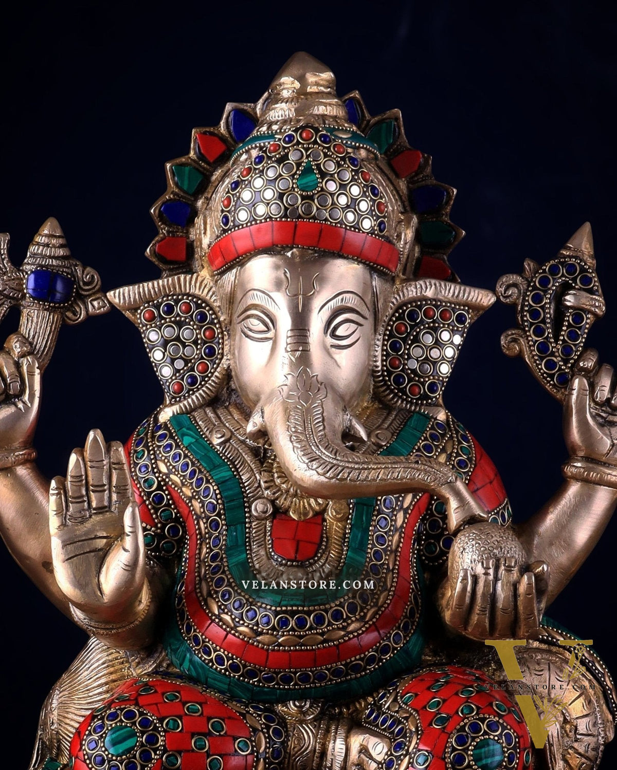 Brass Lord Ganesha Statue with Stonework - Big Size, Engraved Base 17"