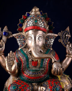 Brass Lord Ganesha Statue with Stonework - Big Size, Engraved Base 17"