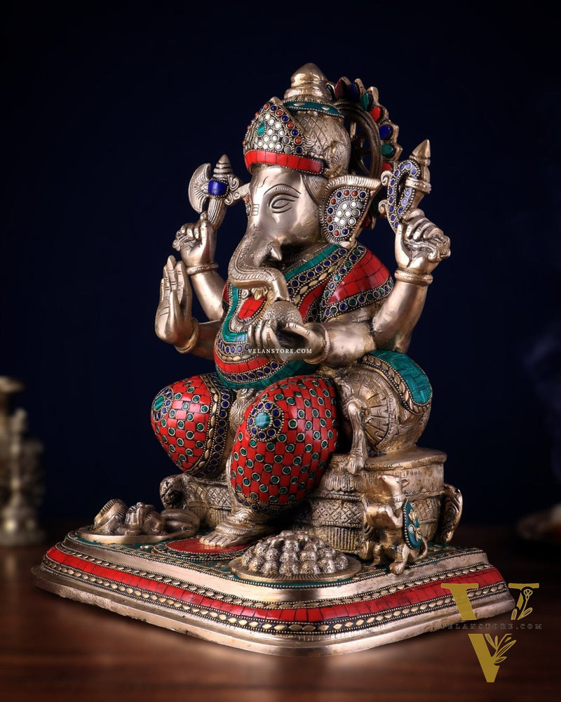 Brass Lord Ganesha Statue with Stonework - Big Size, Engraved Base 17"
