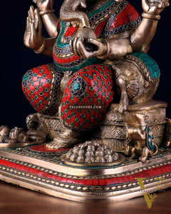 Brass Lord Ganesha Statue with Stonework - Big Size, Engraved Base 17"