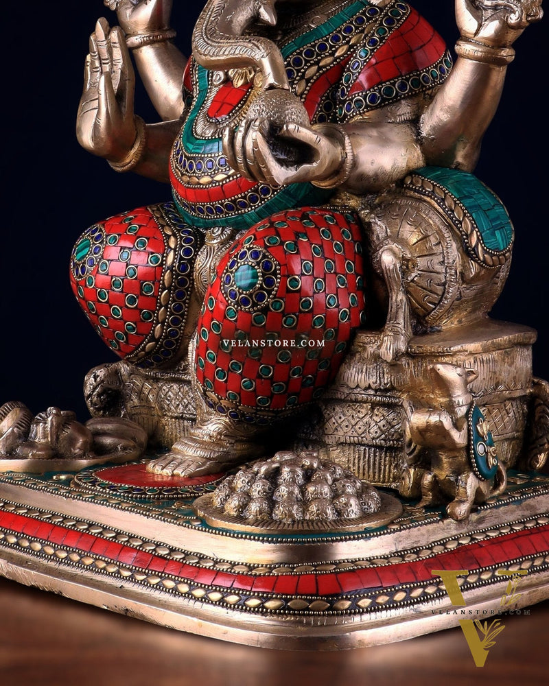 Brass Lord Ganesha Statue with Stonework - Big Size, Engraved Base 17"