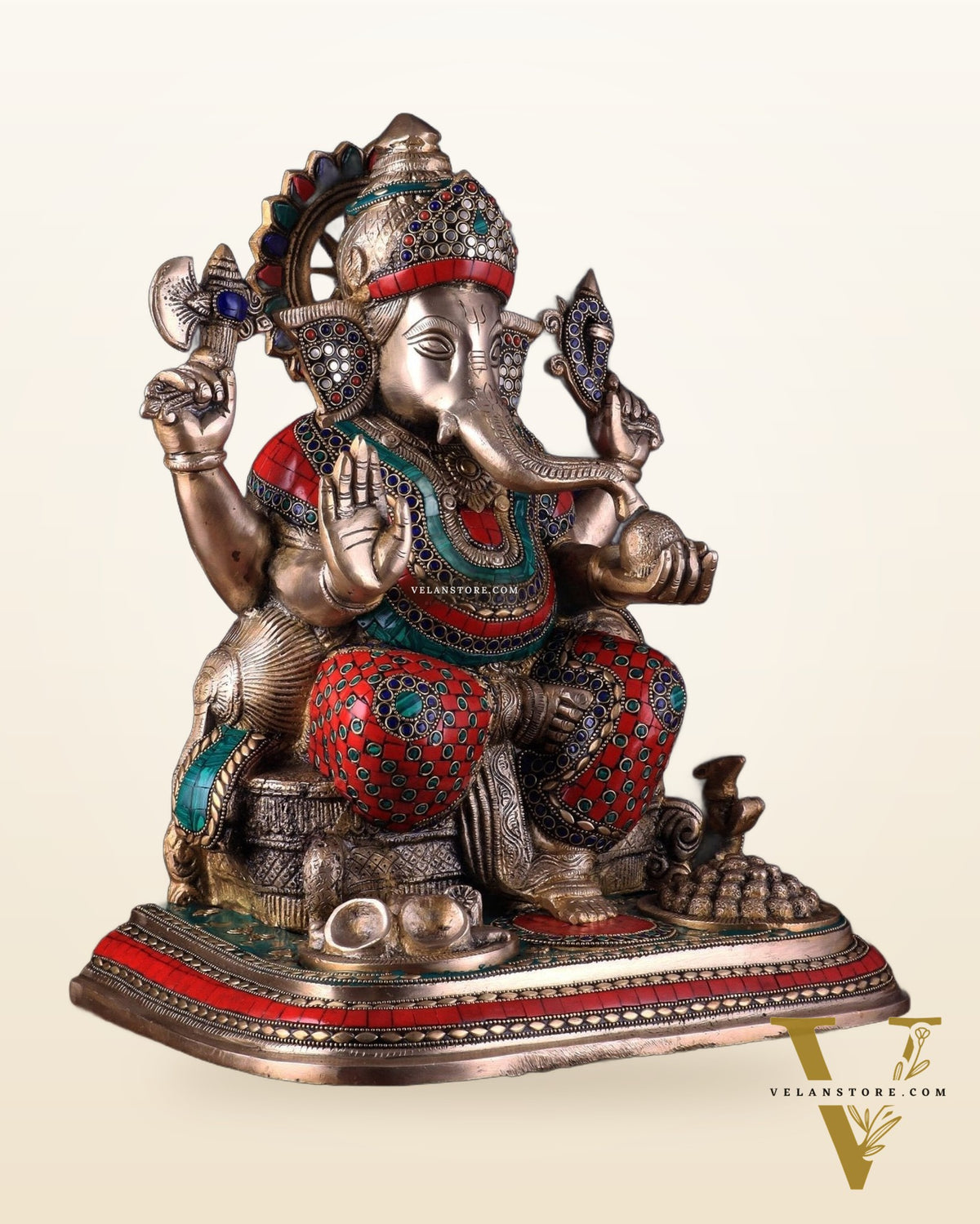 Brass Lord Ganesha Statue with Stonework - Big Size, Engraved Base 17"