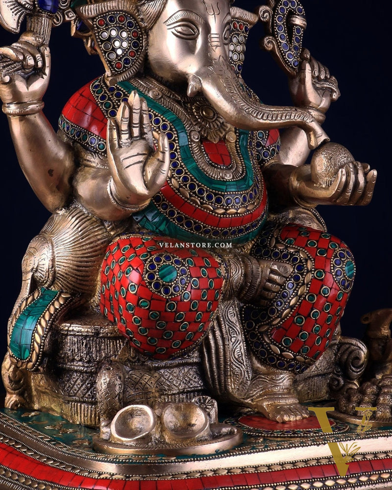 Brass Lord Ganesha Statue with Stonework - Big Size, Engraved Base 17"