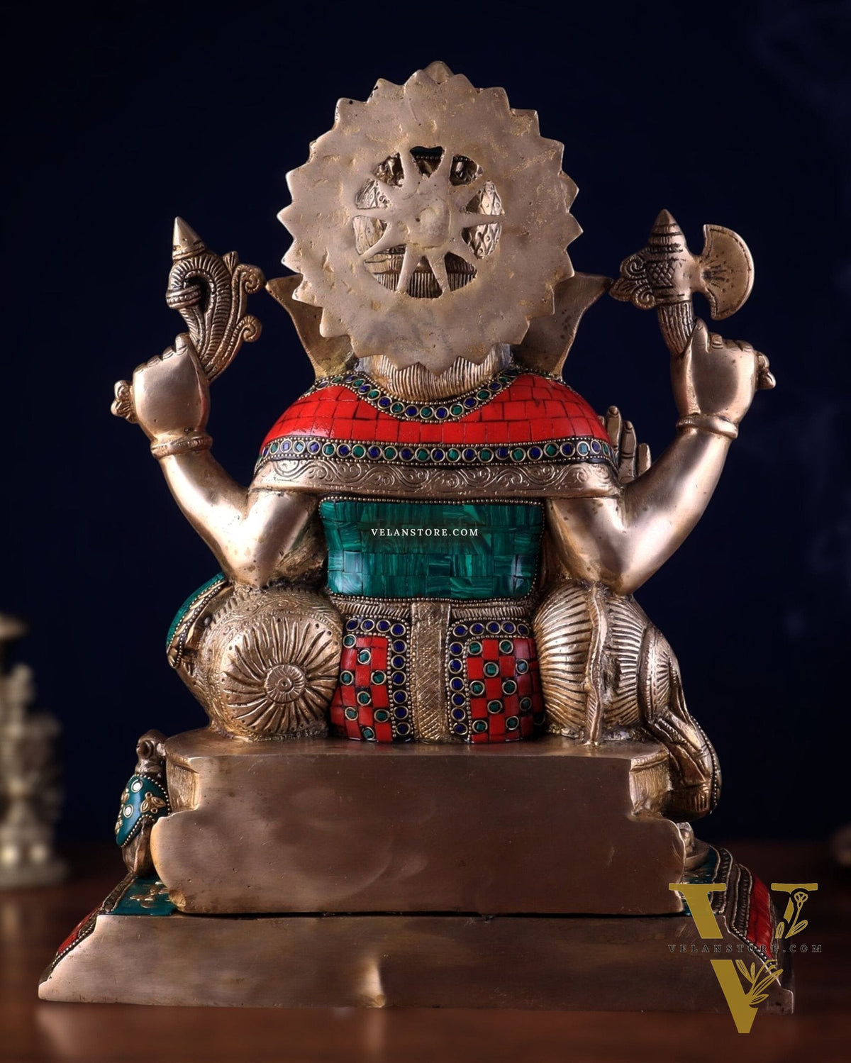 Brass Lord Ganesha Statue with Stonework - Big Size, Engraved Base 17"