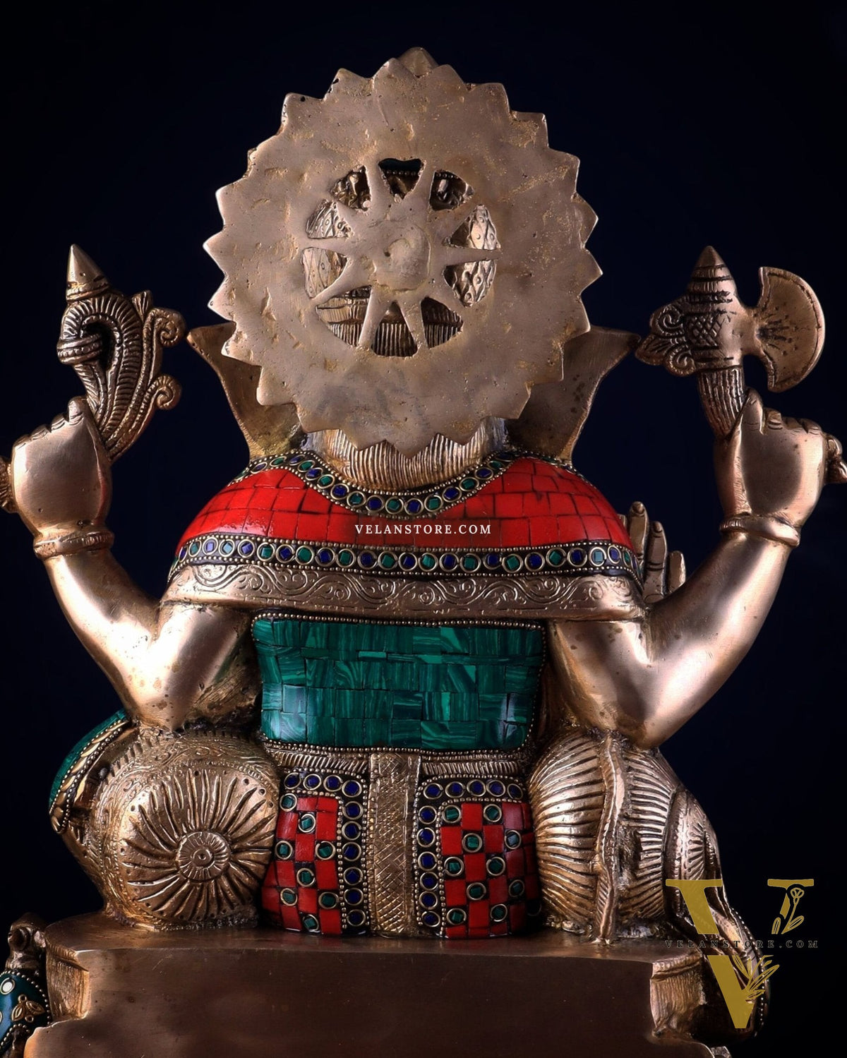Brass Lord Ganesha Statue with Stonework - Big Size, Engraved Base 17"