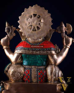 Brass Lord Ganesha Statue with Stonework - Big Size, Engraved Base 17"