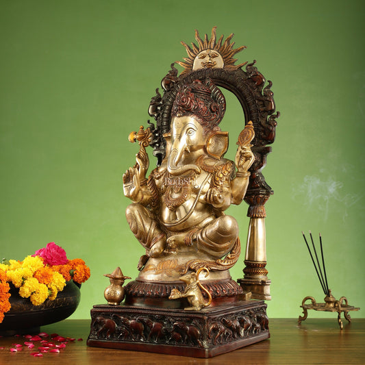 Brass Lord Ganesha Statue with Prabhavali 25 inch