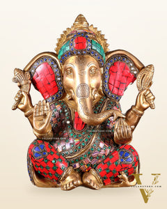 Brass Lord Ganesha Statue with unique Stonework - 10"