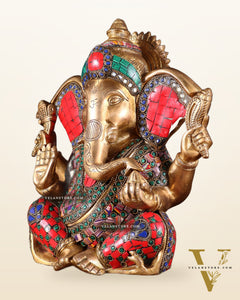 Brass Lord Ganesha Statue with unique Stonework - 10"