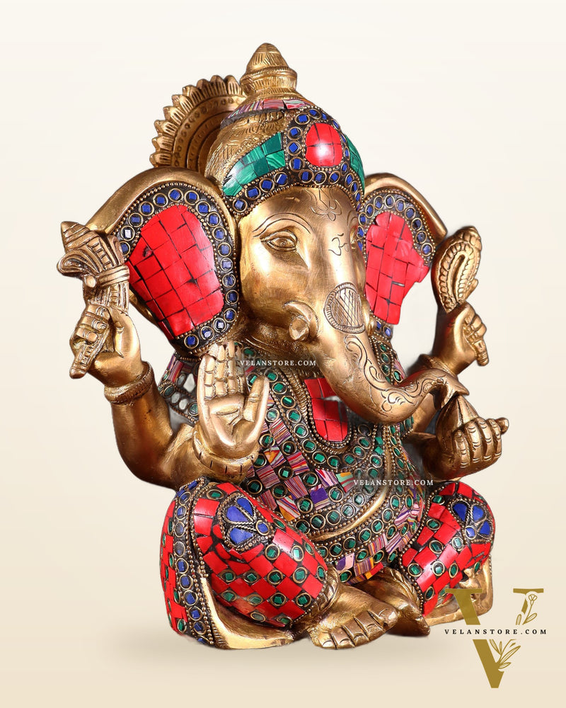 Brass Lord Ganesha Statue with unique Stonework - 10"
