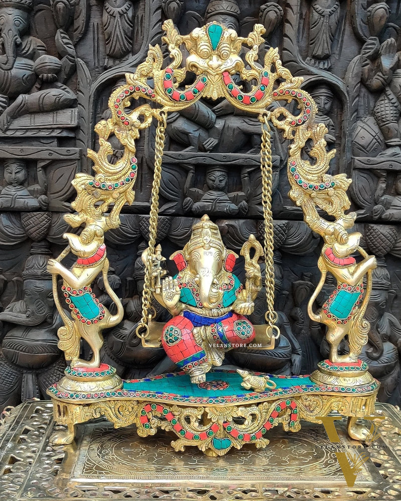 Brass Lord Ganesha Swing with Multicolour Stonework - 18" x 15" x 4.5