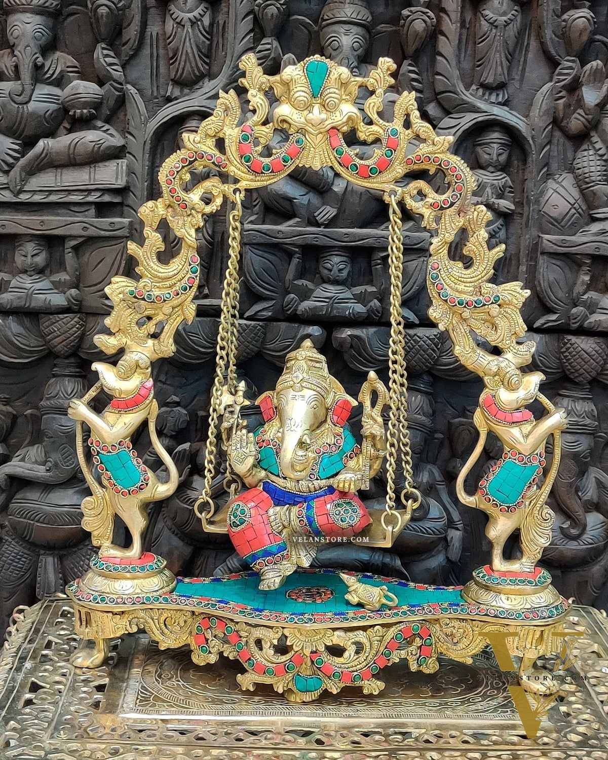 Brass Lord Ganesha Swing with Multicolour Stonework - 18" x 15" x 4.5