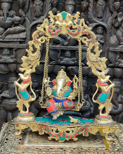 Brass Lord Ganesha Swing with Multicolour Stonework - 18" x 15" x 4.5