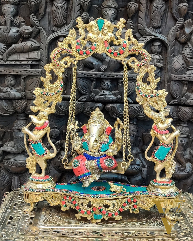 Brass Lord Ganesha Swing with Multicolour Stonework - 18" x 15" x 4.5