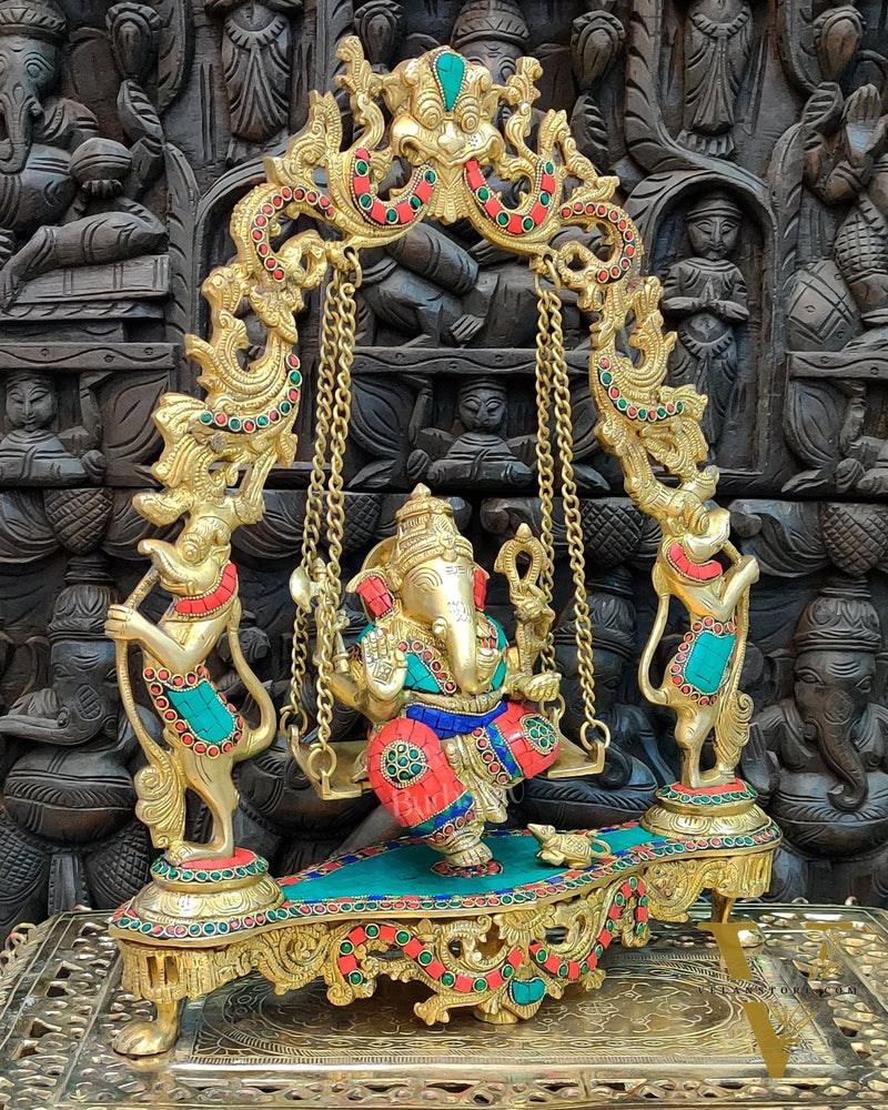 Brass Lord Ganesha Swing with Multicolour Stonework - 18" x 15" x 4.5