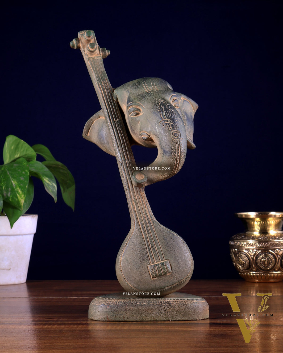 Brass Lord Ganesha with Veena table accent, Sandstone finish- 12 Inch