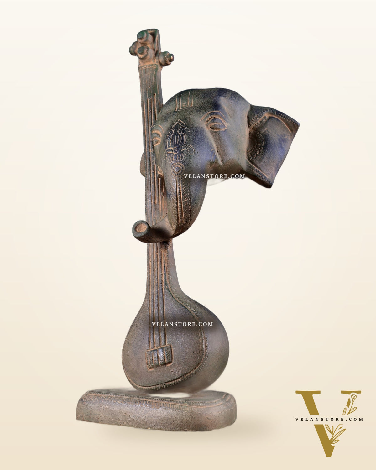 Brass Lord Ganesha with Veena table accent, Sandstone finish- 12 Inch
